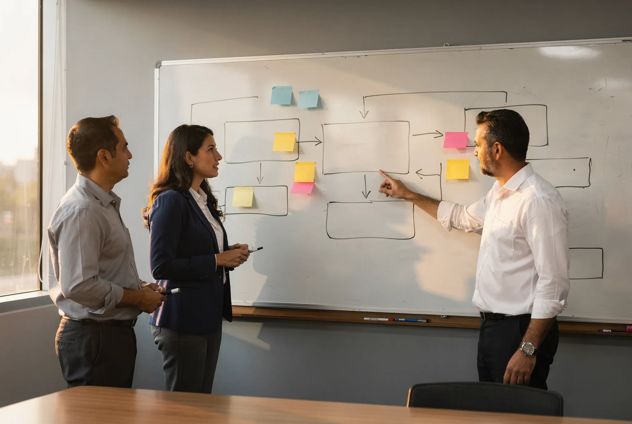 Two consultants and an engineer plan a project timeline drawn with arrows and sticky notes on a whiteboard.