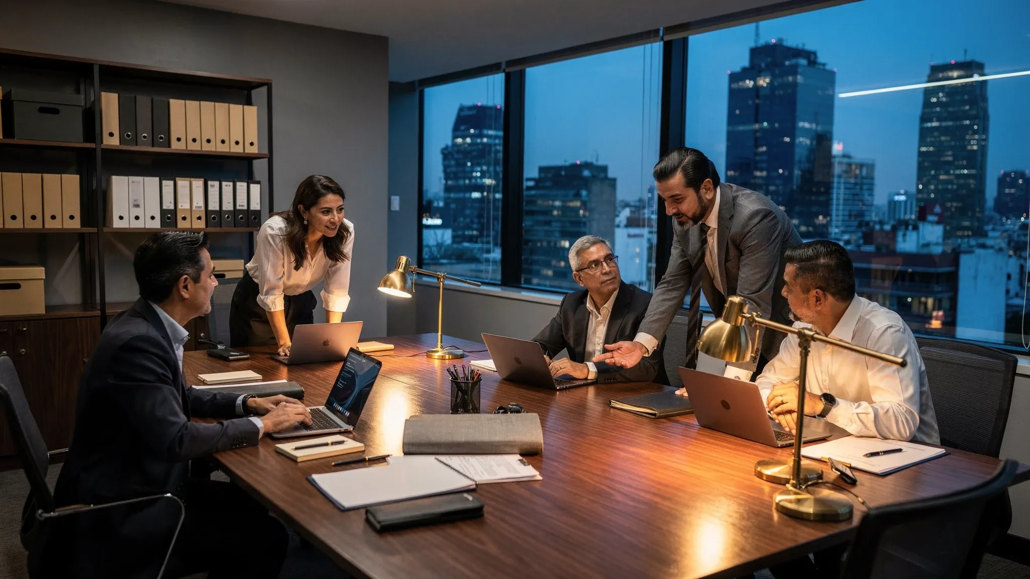 A group of consultants talk around a walnut table with brass lamps, in an office with large windows onto a lit city skyline at dusk.