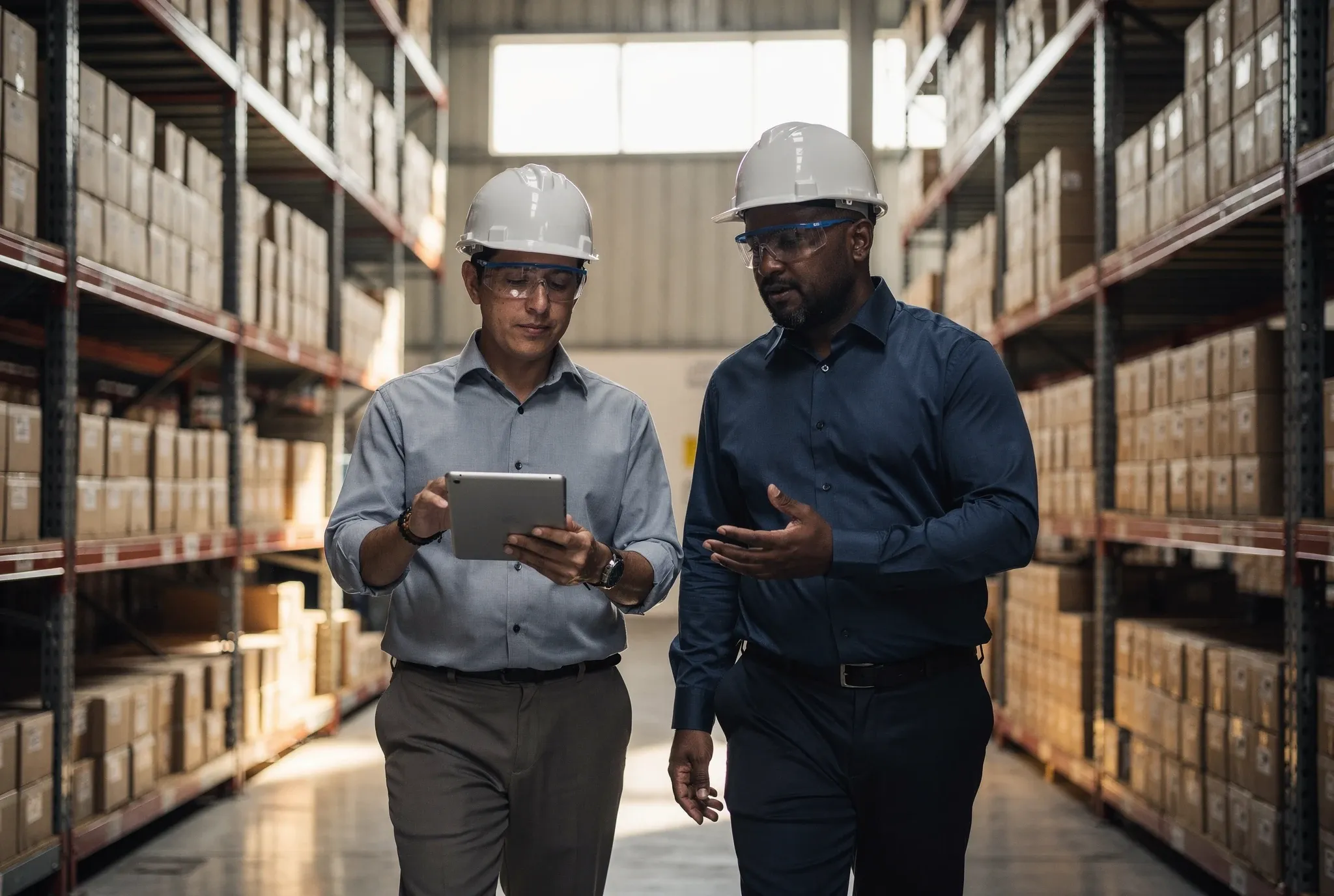 A consultant with a tablet and a plant manager, both in hard hats, review inventory racks in a manufacturing warehouse.