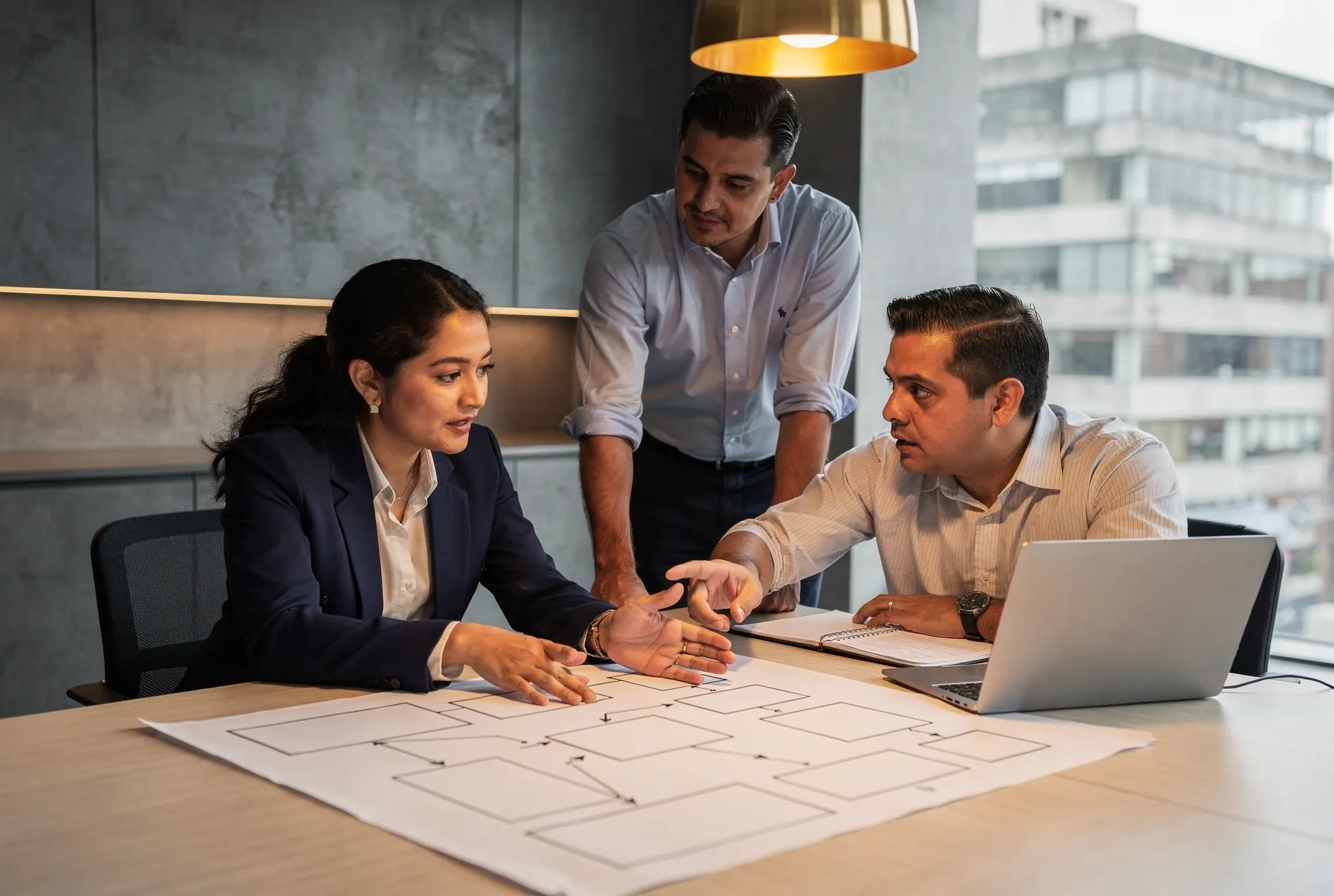A consultant walks two clients through a printed process map on a meeting-room table in a Mexico City office.