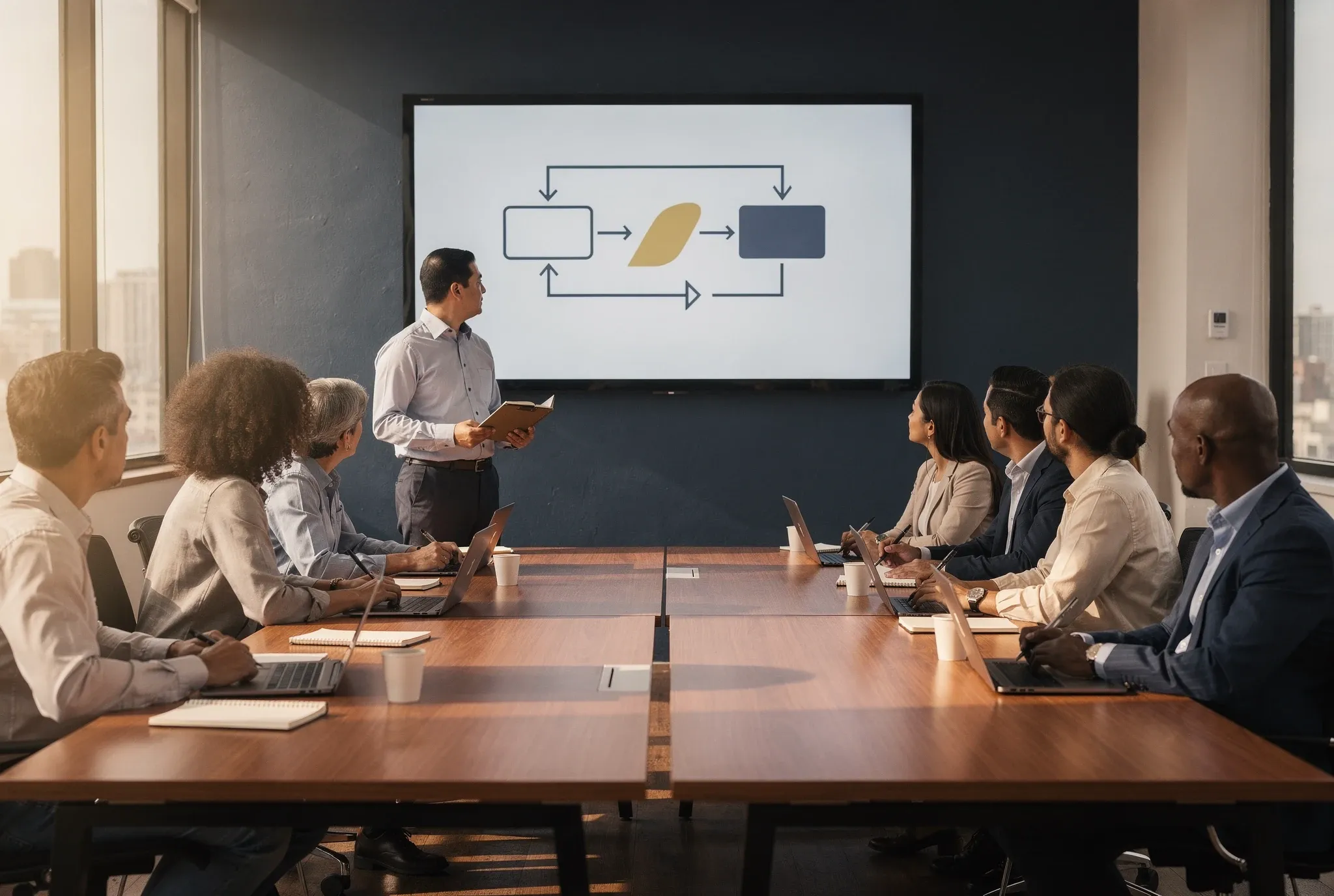 A facilitator leads a compliance training session for a small group taking notes in an office training room.