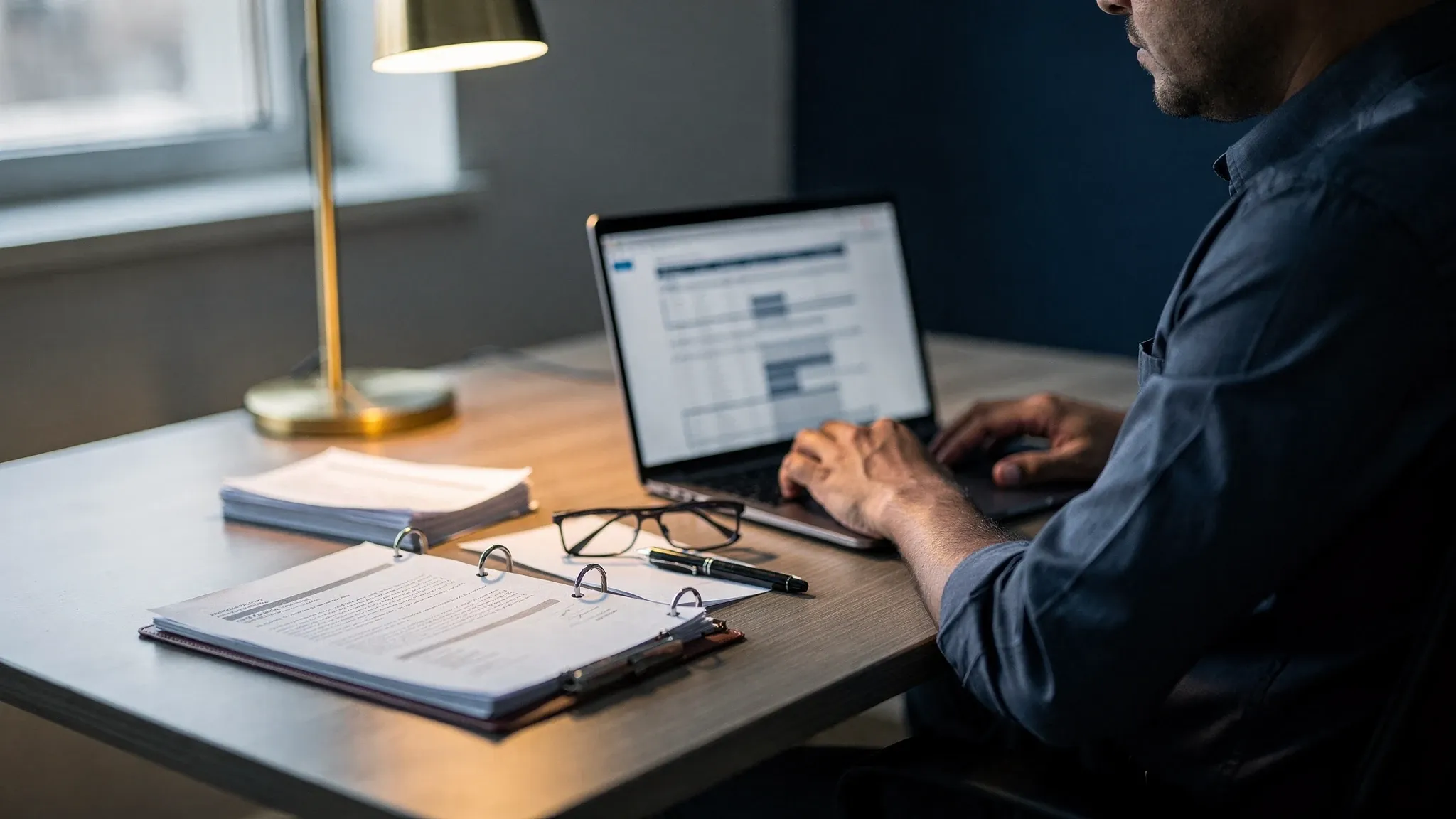 A consultant reviews a stack of trade documents and a binder at a desk beside a laptop, under a warm desk lamp.
